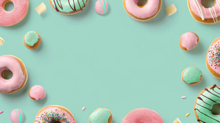 A delicious banner with blank space showcasing pastel colored donuts scattered on a mint green...