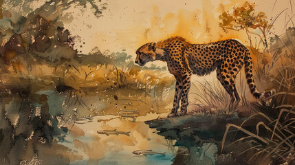 Cheetah near forest waterhole, fish visible, dusk pastels, watercolor
