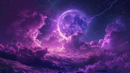 A purple sky with a purple moon and lightning bolts