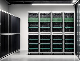 A large, modern data center with rows of servers and storage racks.