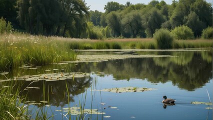 Tranquil duck swimming in serene pond