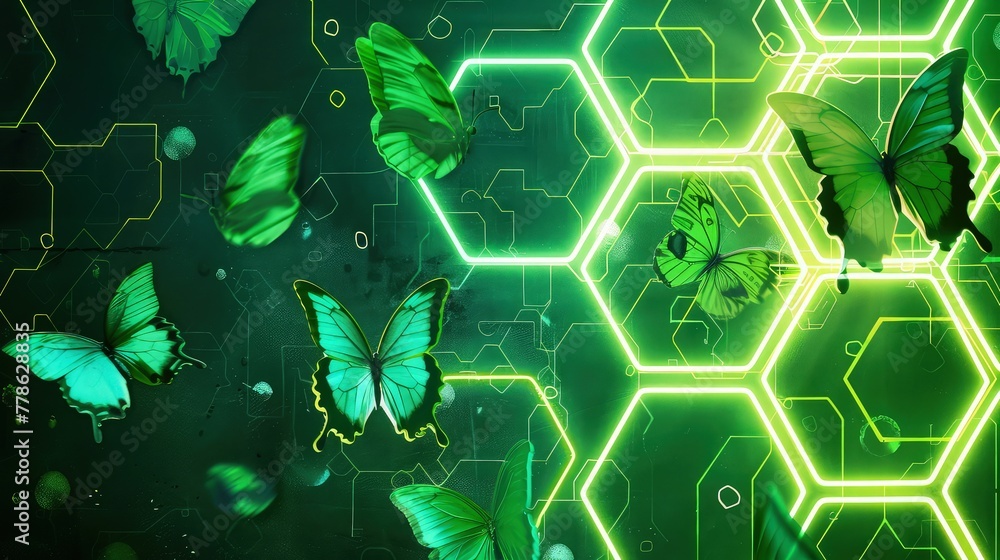 Poster an intriguing abstract composition with a radiant butterfly and a luminous hexagon box floating amid