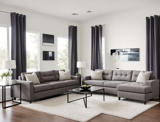 A living room with a couch, coffee table, and two chairs.