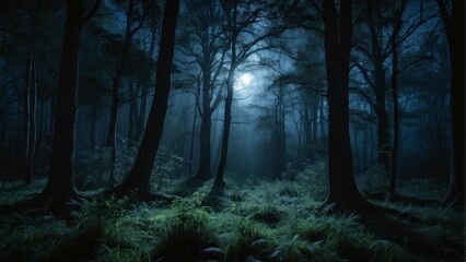 Fototapeta premium Captivating night scene in a mystical forest with tall trees