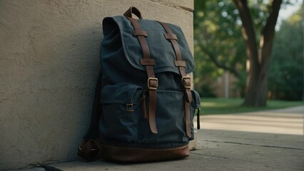 stylish backpack against a plain wall