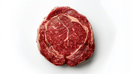 Obraz premium Premium beef cut (tenderloin/ribeye) on white background. Rich marbling, vibrant red color showcased. Design for quality, freshness, succulent dishes concept. 