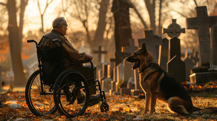 war veteran using wheelchair german sherped dog at cemetery under sunlight,usa memorial day independence day or veterans day concept