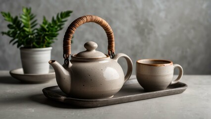 Elegant blue pottery teapot and cups on tray