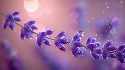  An enchanting lavender flower with luminous water droplets, its petals bathed in a soft, ethereal...