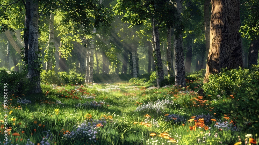 Poster sunlight filtering through the dense canopy of a lush forest, casting enchanting rays of golden ligh