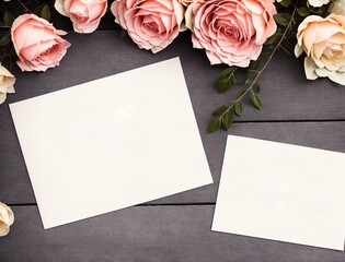 Two blank cards with pink roses on a wooden background.