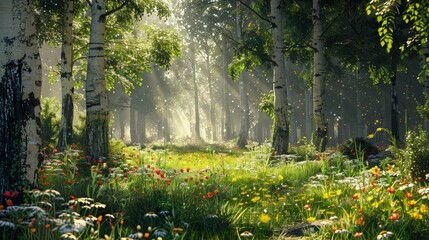 Obraz premium Soft morning sunlight streams through birch trees in a wild flower meadow creating a bright and airy backdrop for corporate wellness or editorial campaigns.