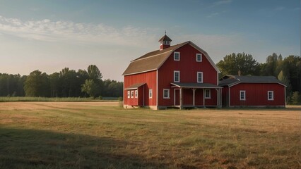Obraz premium Red Barn in Serene Countryside at Sunset