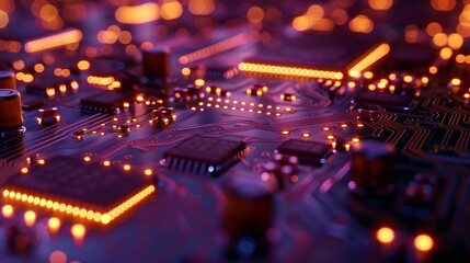 LEDs blink rhythmically, casting a soft glow on the circuit board - obrazy, fototapety, plakaty
