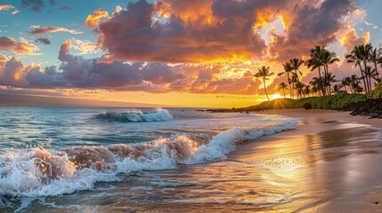 sunset on the beach with palm tree 