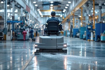 Worker driving a floor cleaning machine in an industrial factory with bright floor lines - obrazy, fototapety, plakaty