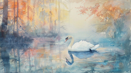 Swan in misty forest pond, soft watercolor, pastel sunrise hues