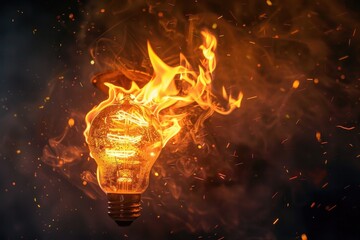 Lightbulb with a fiery filament surrounded by smoke, symbolizing burning ideas or energy - obrazy, fototapety, plakaty