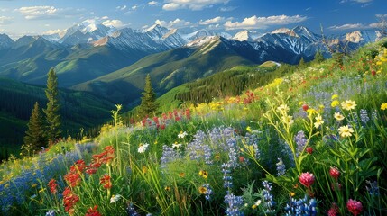 Fototapeta premium Vibrant wildflowers bloom across a lush mountain meadow with distant jagged peaks under a clear sky for use in environmental or travel advertising campaigns.