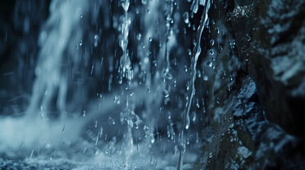 Close-up shot of water droplets splashing on rocks near waterfall