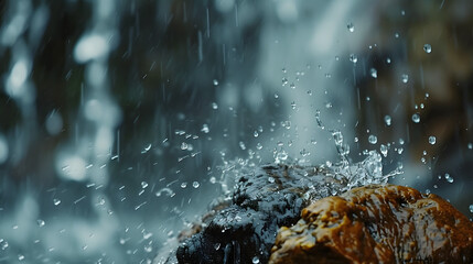 Close-up shot of water droplets splashing on rocks near waterfall