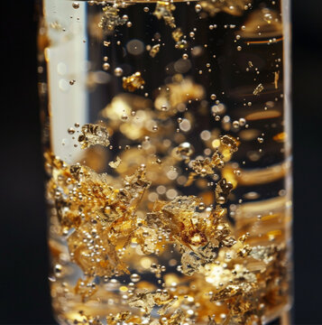 close up of gold flakes in a glass water