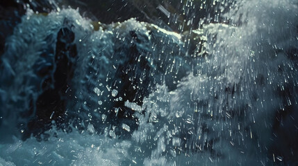 Close-up shot of water droplets splashing on rocks near waterfall