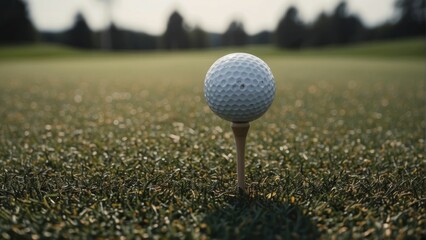 Golf ball on a tee in the grass at sunset