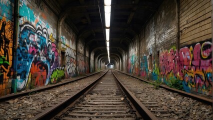 Graffiti covered tunnel with railway tracks