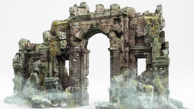 white background with old fantasy ancient ruin. a highly detailed 3d render of an ancient ruin. seamless looping overlay 4k virtual video animation background