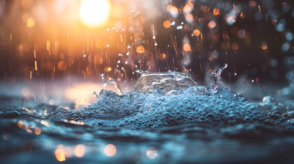 Close-up shot of water droplets splashing on rocks near waterfall