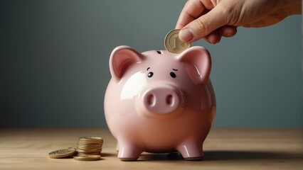 Hand putting coin in pink piggy bank