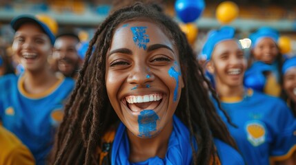 Blue sports fans scream as they support their team from the stadium - football supporters have fun at the event