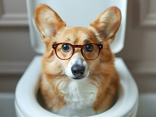 A Corgi dog wearing glasses sits on the toilet. AI generated. 