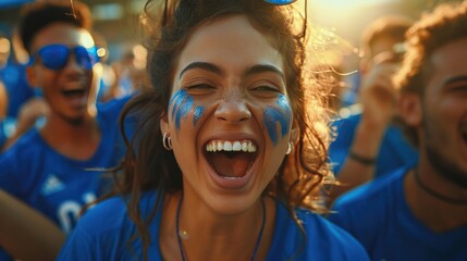 Blue sports fans scream as they support their team from the stadium - football supporters have fun at the event - obrazy, fototapety, plakaty