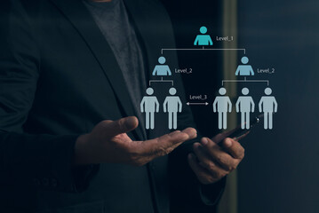 Businessman choose human resource to management recruitment. Hierarchical structure of teams and employees in the company. Data exchanges development.