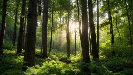 Sunlight piercing through lush forest