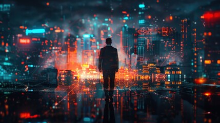 business technology concept Professional businessman walking on a futuristic city network and futuristic graphic interface at night,