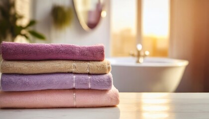 table top on towels background closeup of a stack or pile of violet and pink soft terry bath towels at a bright table against blurred bathroom background space
