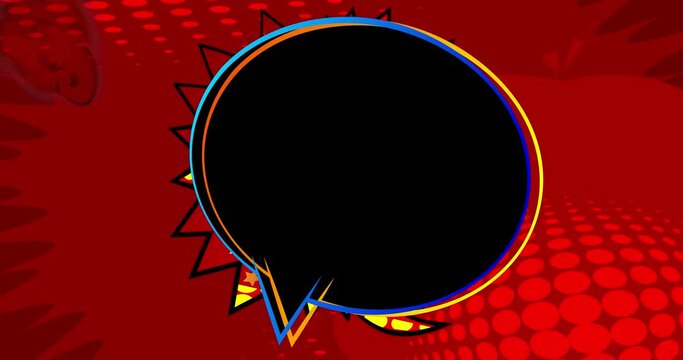 Speech bubble with comic book background animation in pop art, comics style. Retro manga cartoon backdrop.