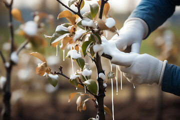 Whitewashing of fruit trees in autumn garden, gardener hand with brush painting apple tree with...
