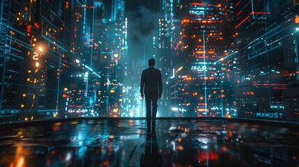 business technology concept Professional businessman walking on a futuristic city network and futuristic graphic interface at night, - obrazy, fototapety, plakaty