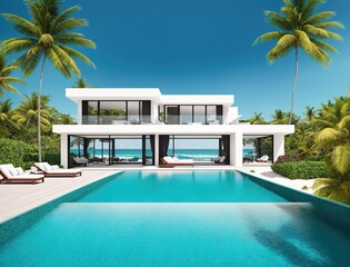 A modern beachfront house with a large swimming pool and lounge chairs on the deck.