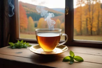 Foto op Plexiglas A glass cup of hot tea with mint leaves on a wooden table beside a window, cozy background, horizontal composition © Thanh