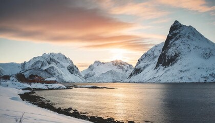 beautiful winter landscapes in lofoten islands northern norway wintry season amazing winter nature scenery fantastic colorful sunset over north fjord above snow covered mountains norway - obrazy, fototapety, plakaty