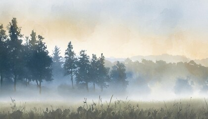horizontal banner of forest and meadow silhouettes of trees and grass magical misty landscape fog blue and gray illustration bookmark
