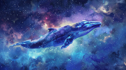 Artistic representation of a whale in a watercolor style, swimming under a starry night sky, blending sea and space in a surreal background.