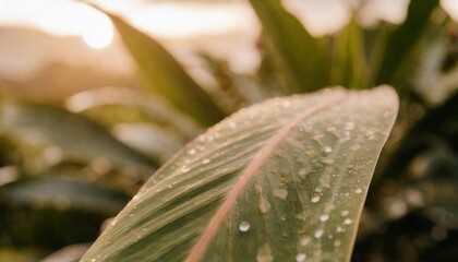 closeup of vibrant green tropical leaf with water drops