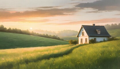 beautiful illustration of a small house in the middle of lush green field - Powered by Adobe