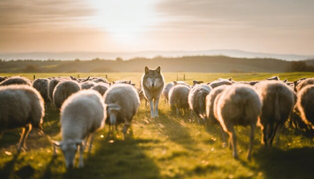 a wolf hiding among a flock of sheep leading the way or waiting for the right moment to act concept of identity and difference of being unique among others or metaphor for hidden risk and danger